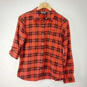 The North Face Shirt Womens Small Red Flannel Plaid Roll Tab Long Sleeves Button
